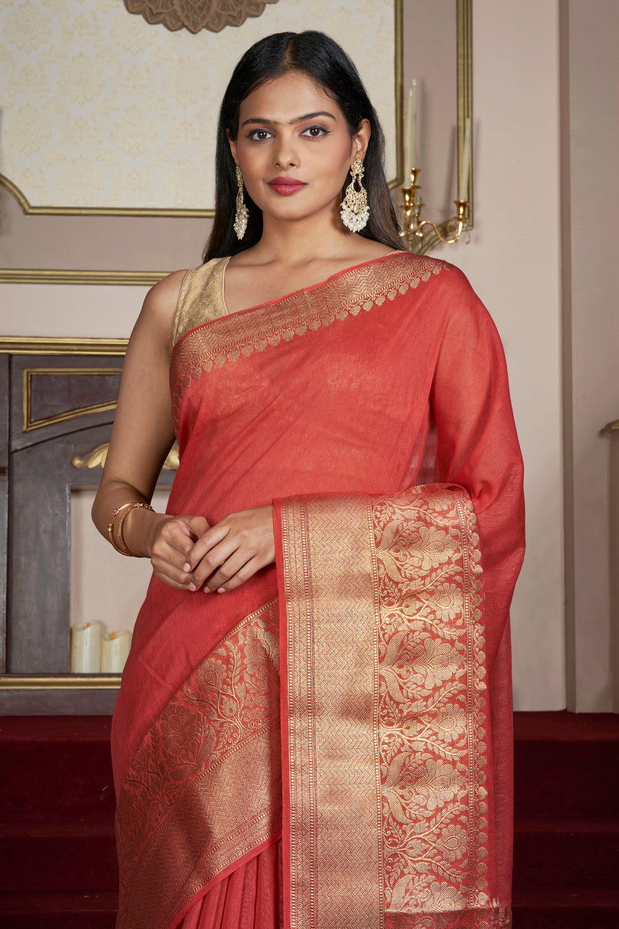 Vasu Tomato Red Banarasi Silk Linen Saree