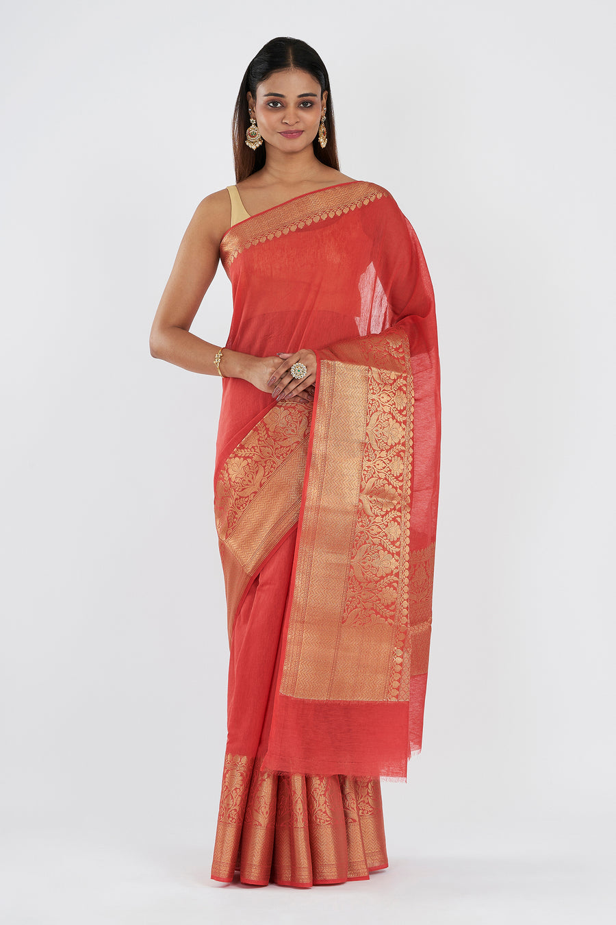 Vasu Tomato Red Banarasi Silk Linen Saree