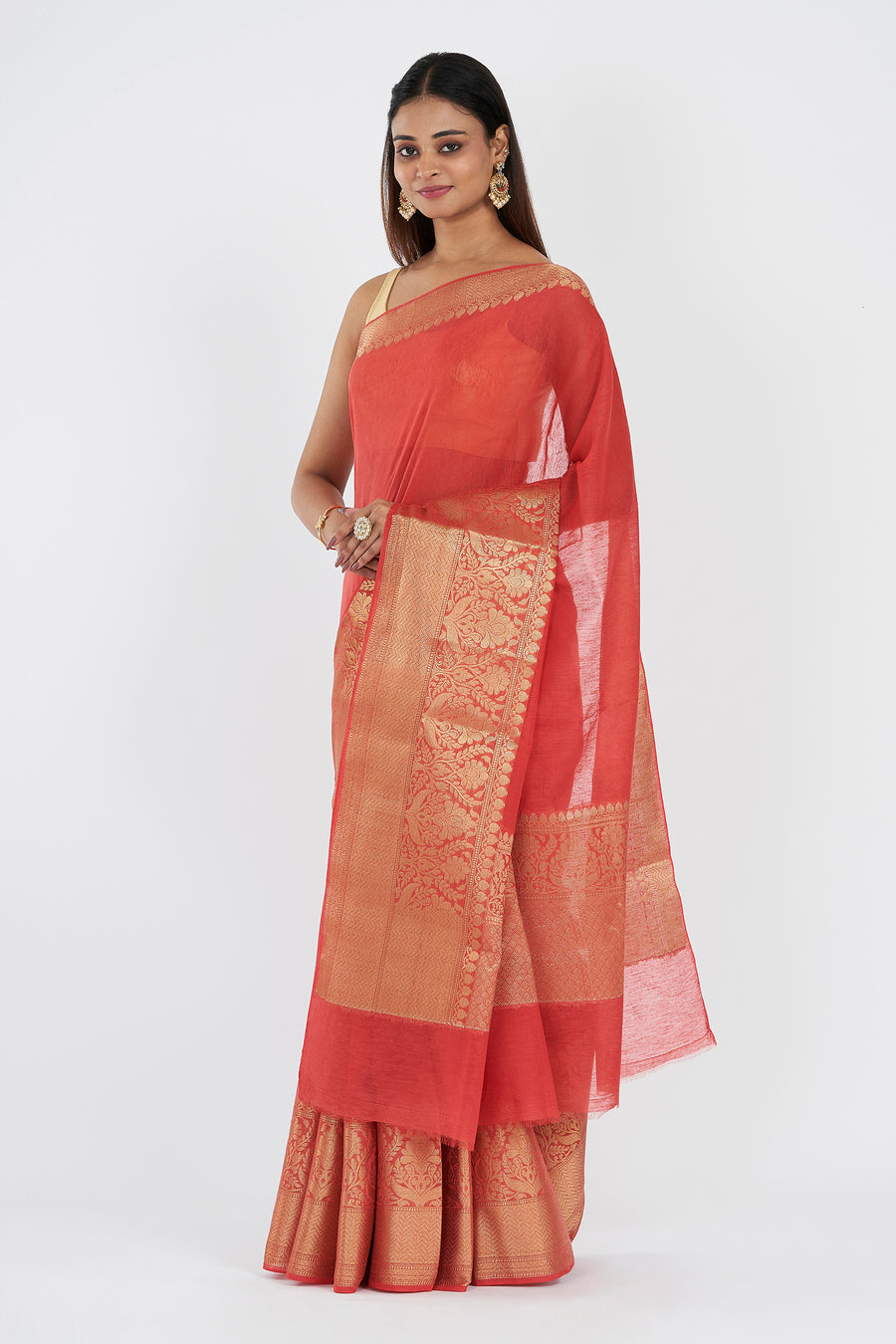 Vasu Tomato Red Banarasi Silk Linen Saree