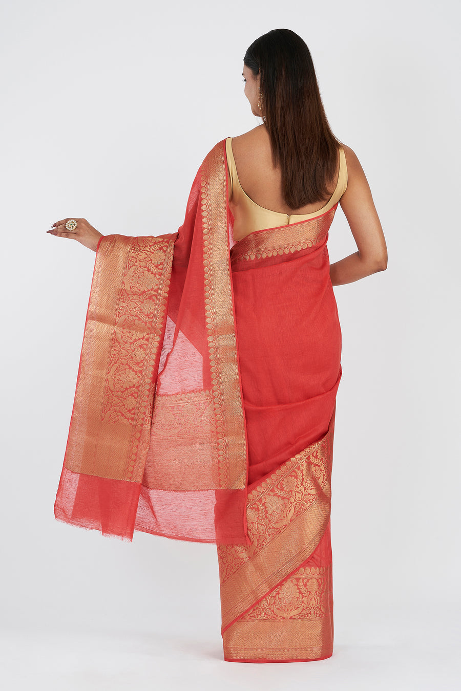 Vasu Tomato Red Banarasi Silk Linen Saree