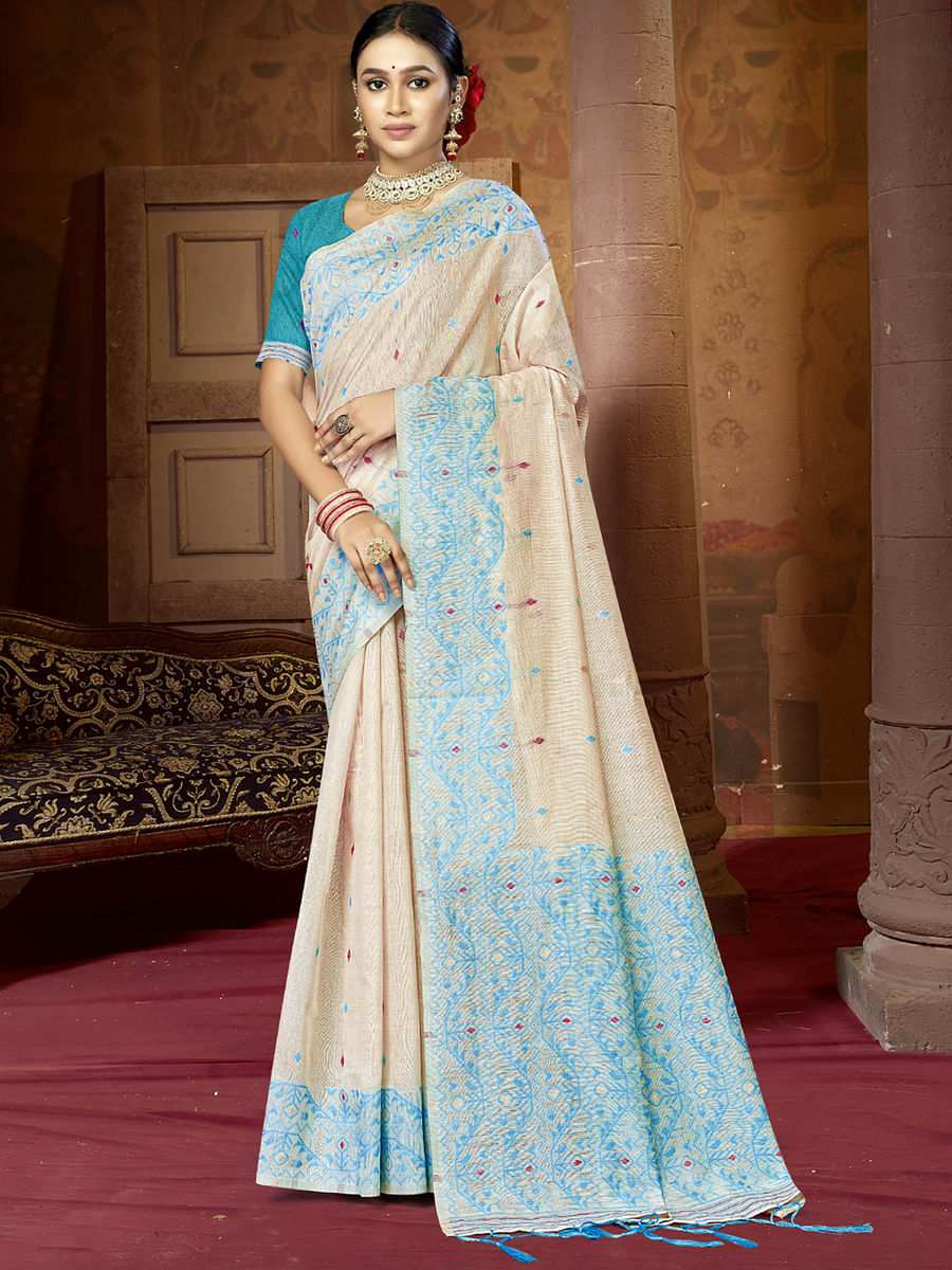 Blue Cotton Woven Work Festival Saree with Unstitched Blouse
