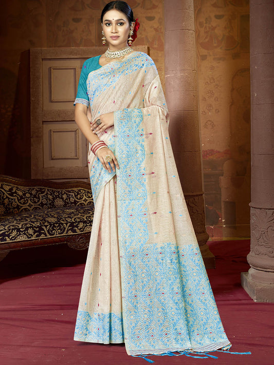 Blue Cotton Woven Work Festival Saree with Unstitched Blouse