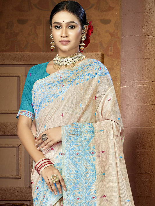 Blue Cotton Woven Work Festival Saree with Unstitched Blouse