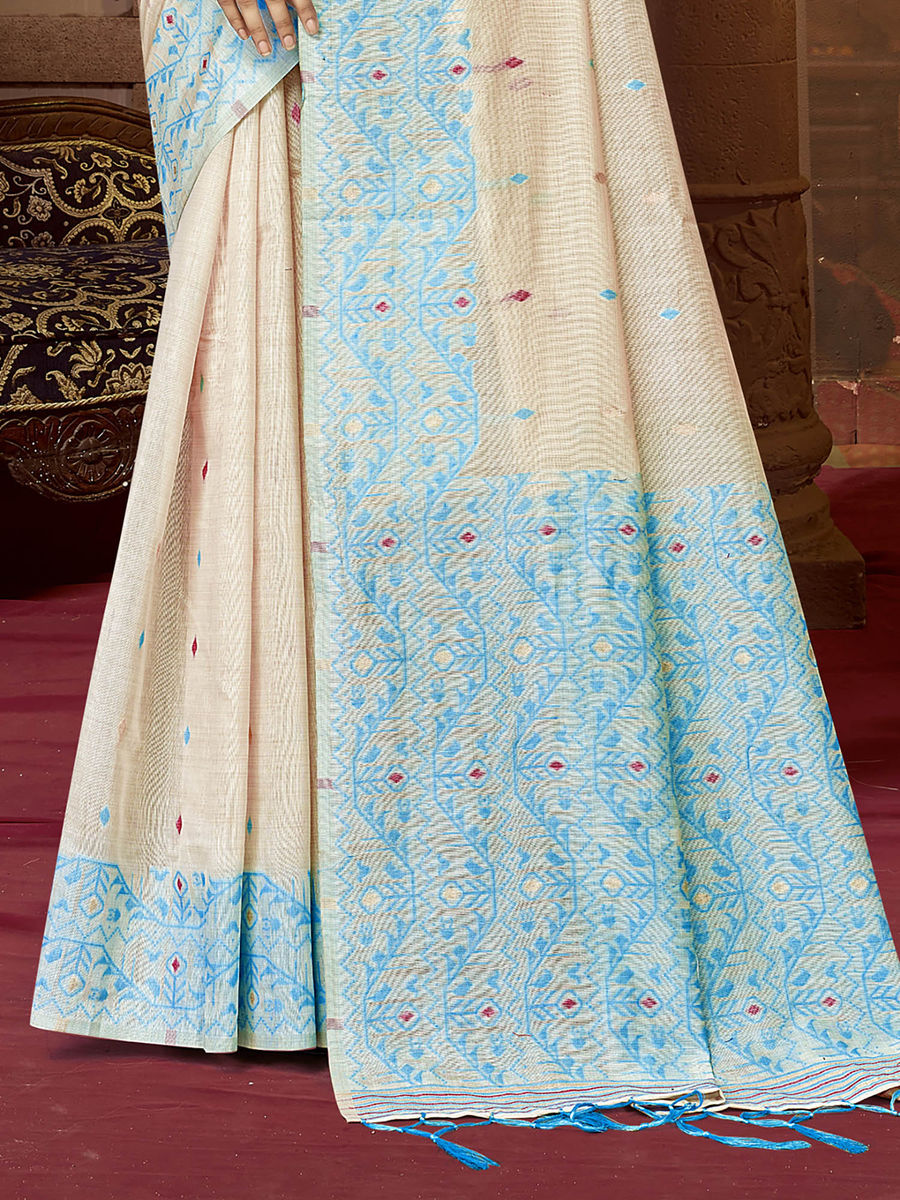 Blue Cotton Woven Work Festival Saree with Unstitched Blouse