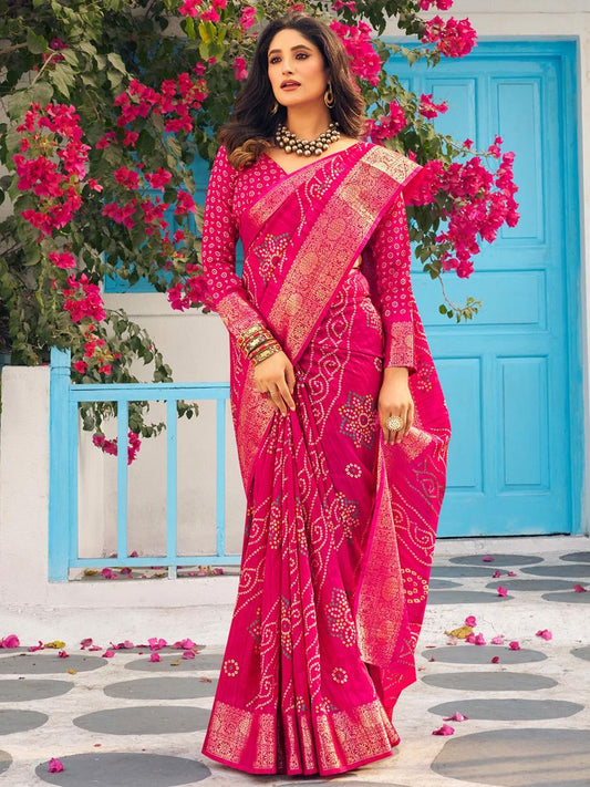 Akhilam Women's Moonga Silk Pink Printed Designer Saree with Unstitched Blouse