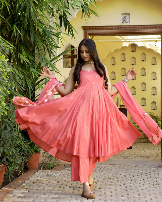 Coral Hand Painted Mulmul Anarkali Suit