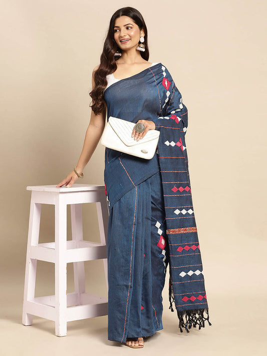 Bengali Khash Mul Pure Cotton Handloom Saree Blue with Unstitched Blouse