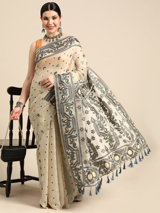 Beige Pure Cotton Jamdani Saree with Unstitched Blouse