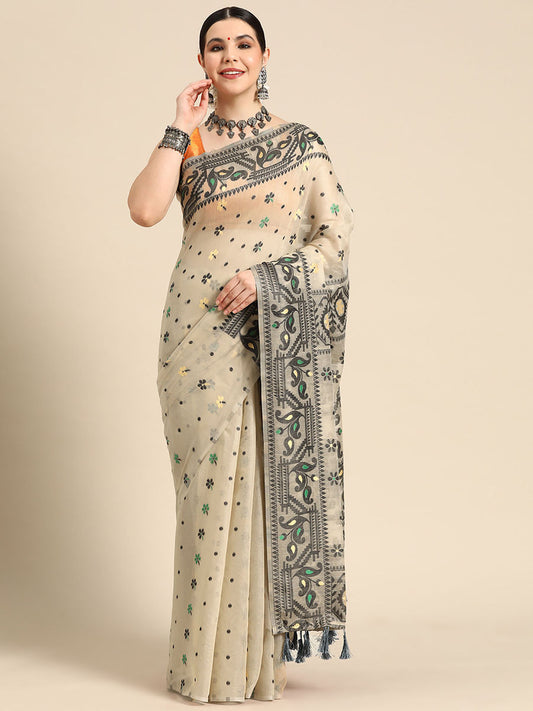 Beige Pure Cotton Jamdani Saree with Unstitched Blouse