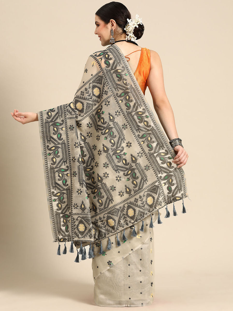 Beige Pure Cotton Jamdani Saree with Unstitched Blouse