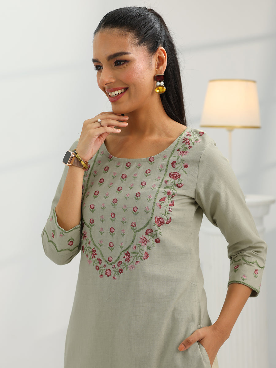Beige Yoke Design Cotton Straight Suit Set With Dupatta