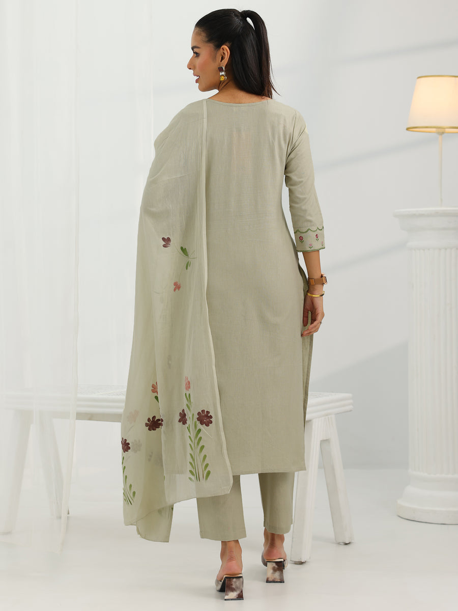 Beige Yoke Design Cotton Straight Suit Set With Dupatta