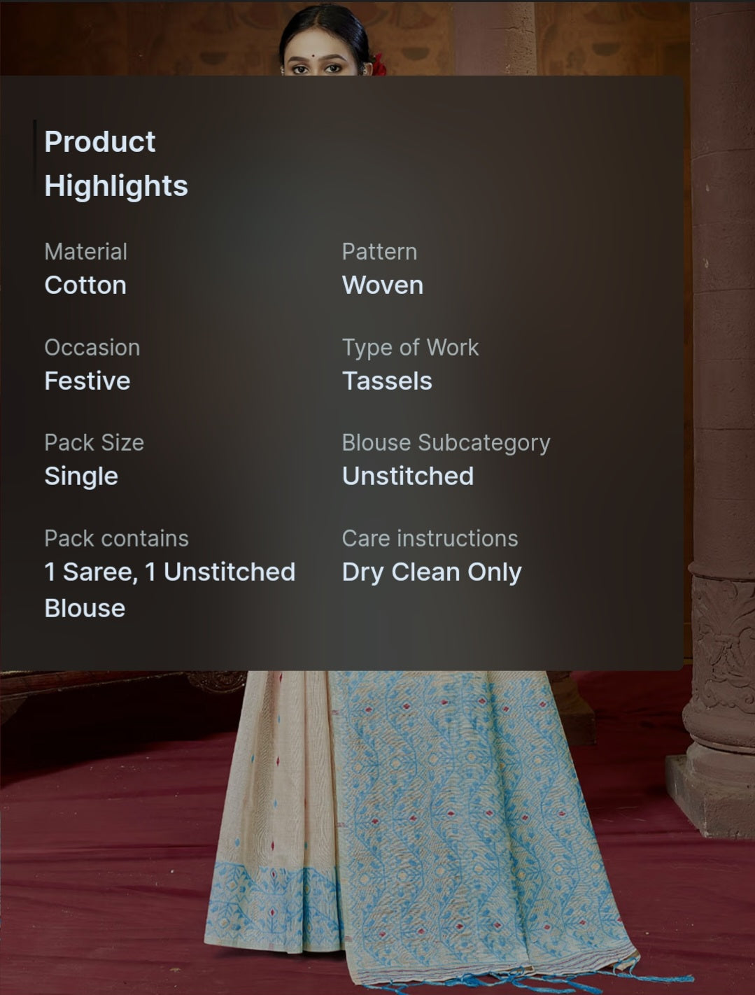 Blue Cotton Woven Work Festival Saree with Unstitched Blouse