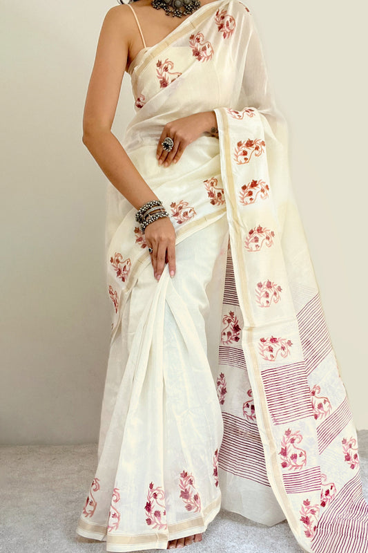 Arunimaa Magenta and Pink Block Print Chanderi Silk Saree